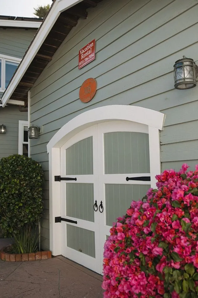 Front door with bougainvillea