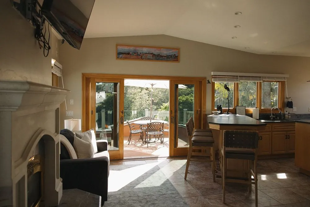 The great room opening onto the front deck